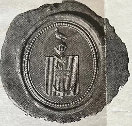 Svart-hvitt fotografi av et rundt voksseglavtrykk med oval perlekant og et skjold med hjelm og fugl